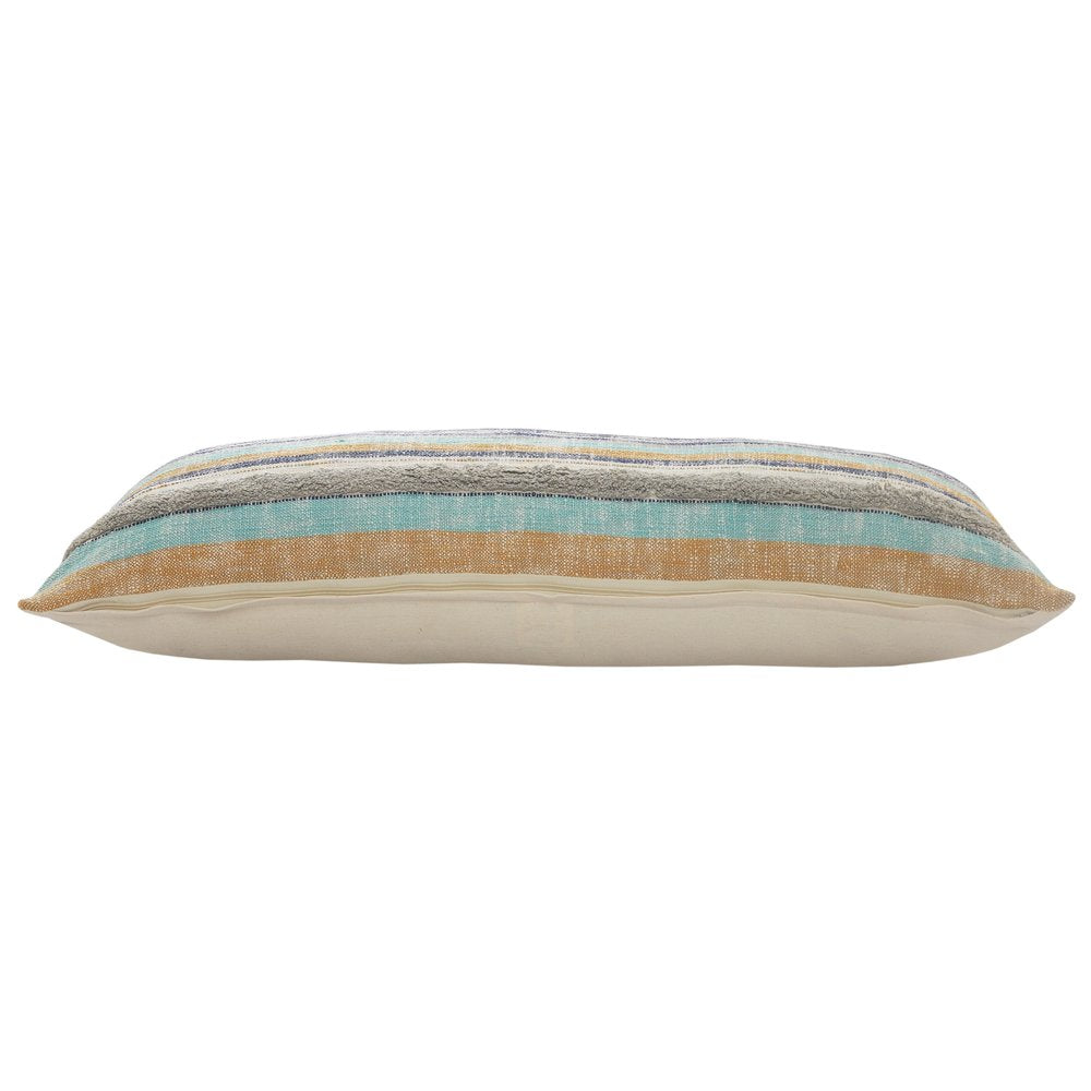 14" X 36" Blue And Tan Lumbar Beach Striped Cotton Throw Pillow Cover