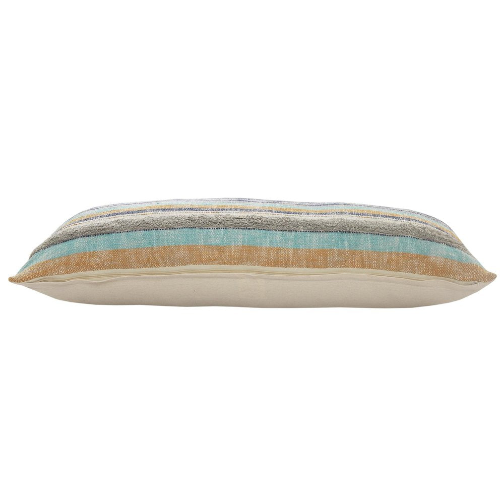 14" X 36" Blue And Tan Lumbar Beach Striped Cotton Throw Pillow Cover with Tufts And Texture