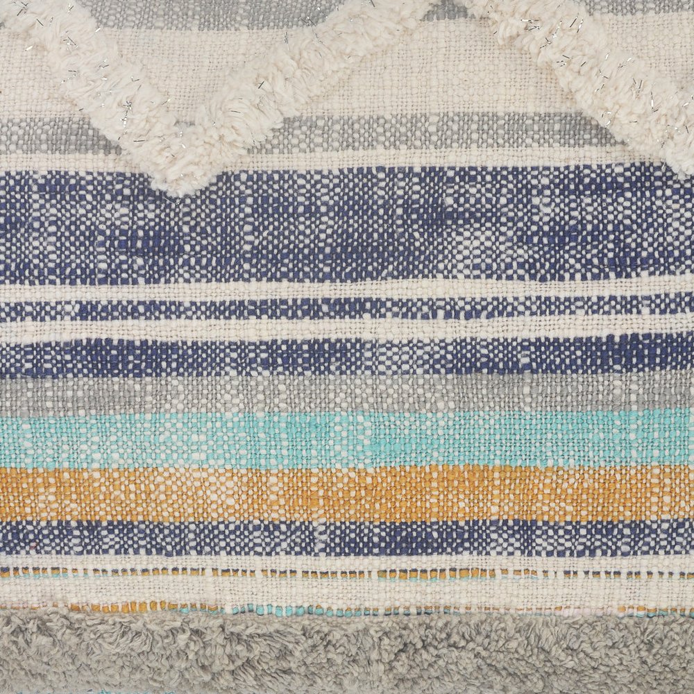 14" X 36" Blue And Tan Lumbar Beach Striped Cotton Throw Pillow Cover with Tufts And Texture