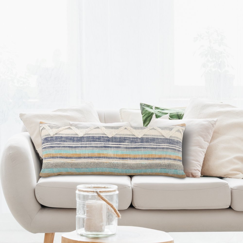 14" X 36" Blue And Tan Lumbar Beach Striped Cotton Throw Pillow Cover