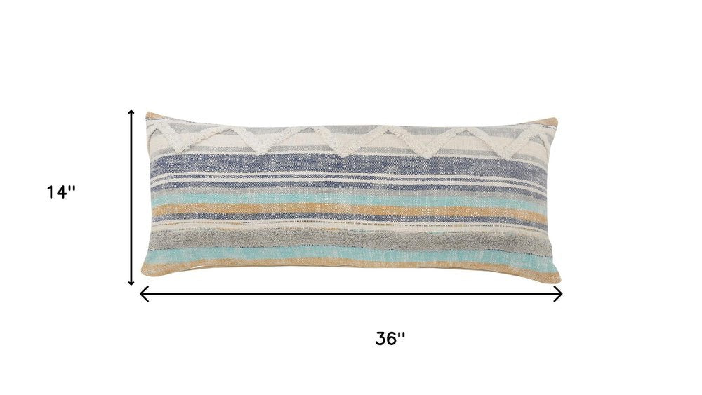 14" X 36" Blue And Tan Lumbar Beach Striped Cotton Throw Pillow Cover with Tufts And Texture