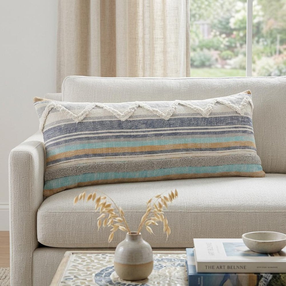 14" X 36" Blue And Tan Lumbar Beach Striped Cotton Throw Pillow Cover with Tufts And Texture