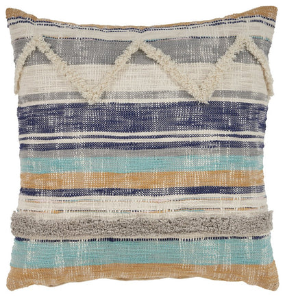 18" Blue And Tan Beach Striped Cotton Throw Pillow Cover with Tufts And Texture