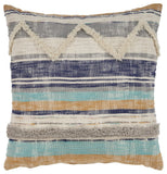 18" Blue And Tan Beach Striped Cotton Throw Pillow Cover with Tufts And Texture