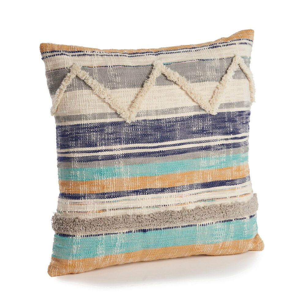 18" Blue And Tan Beach Striped Cotton Throw Pillow Cover