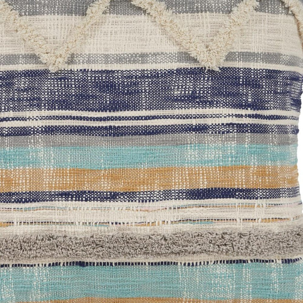 18" Blue And Tan Beach Striped Cotton Throw Pillow Cover with Tufts And Texture