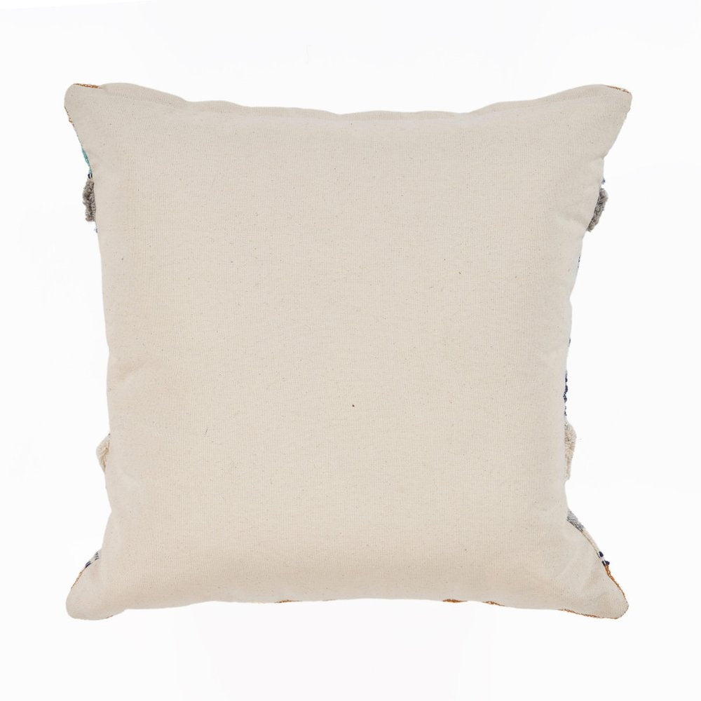 18" Blue And Tan Beach Striped Cotton Throw Pillow Cover with Tufts And Texture