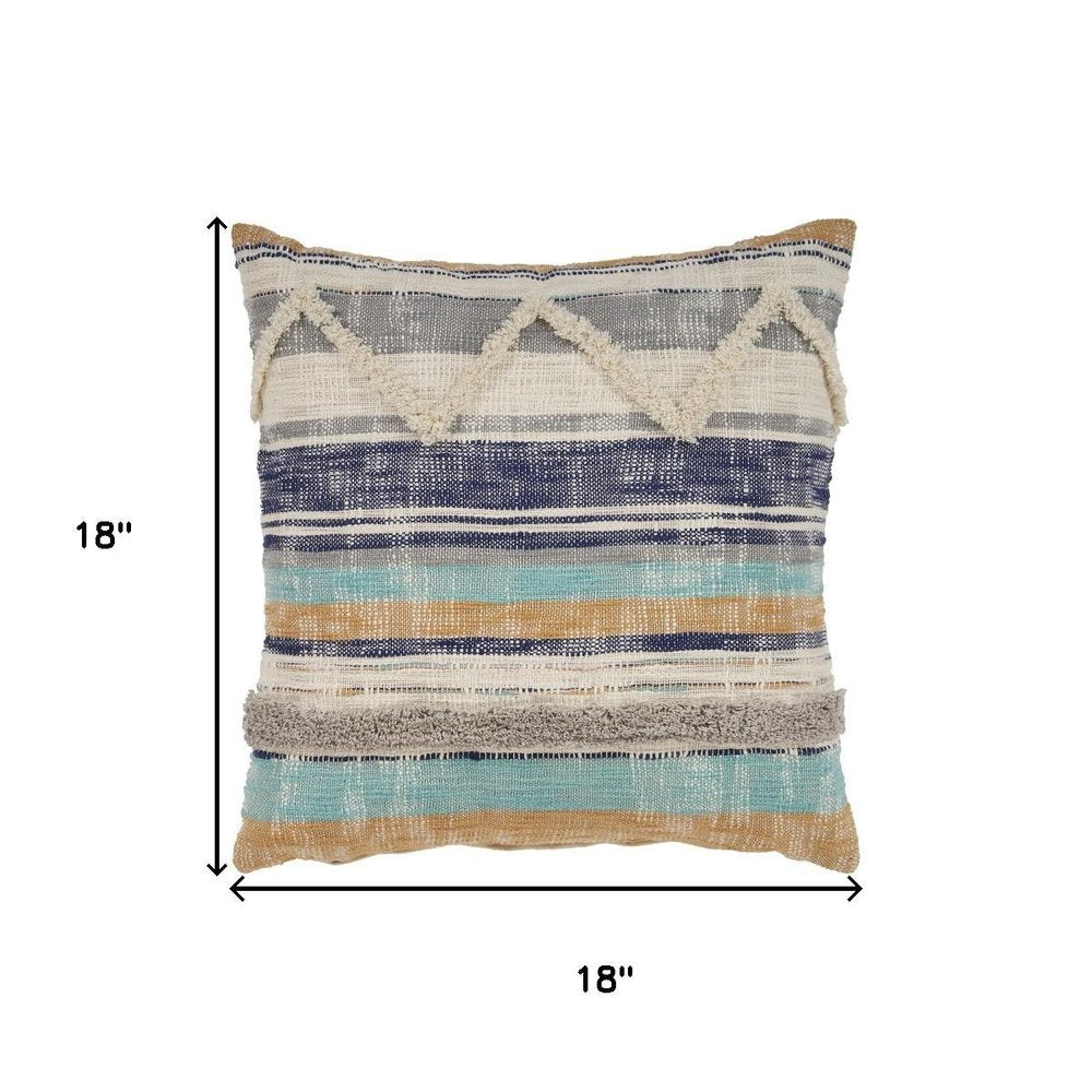 18" Blue And Tan Beach Striped Cotton Throw Pillow Cover with Tufts And Texture