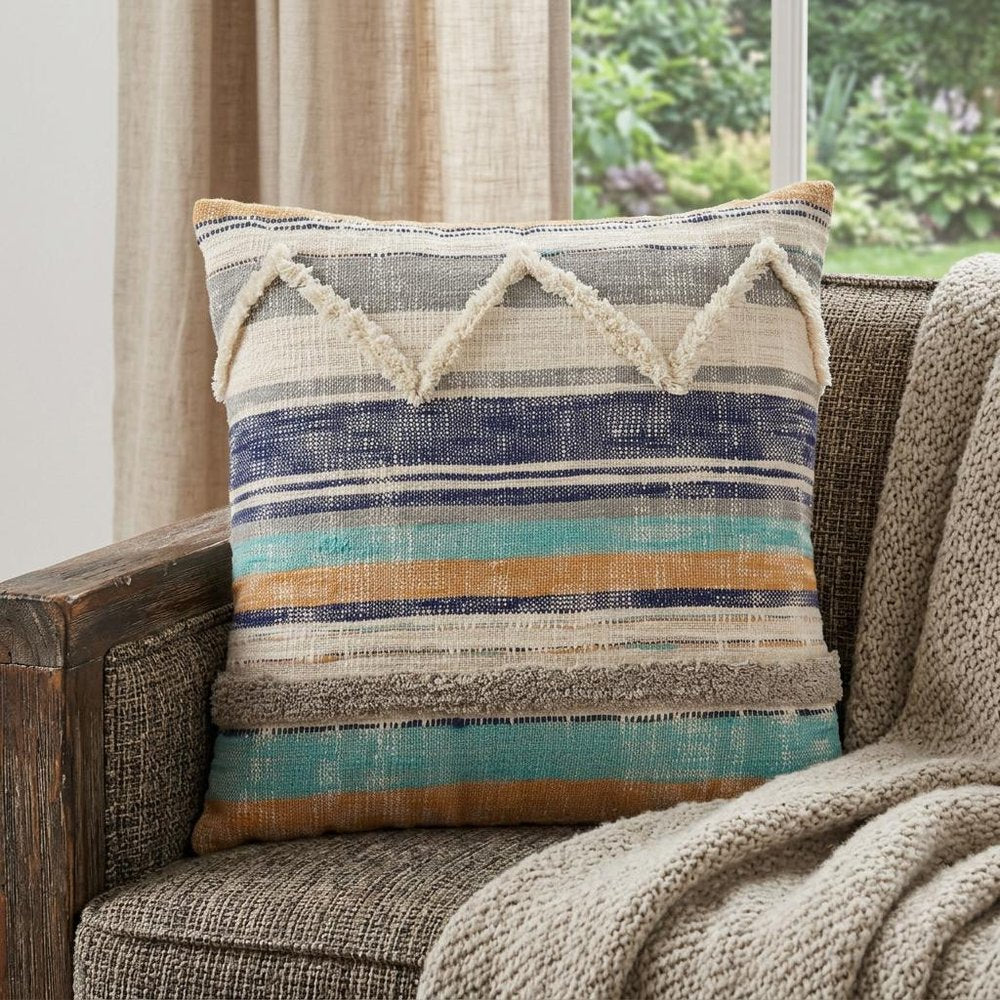 18" Blue And Tan Beach Striped Cotton Throw Pillow Cover with Tufts And Texture