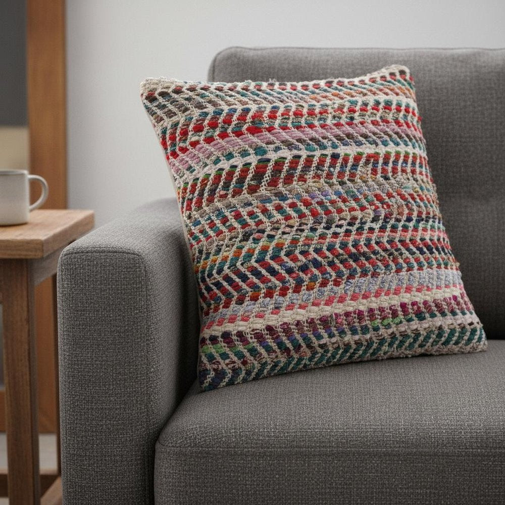 18" Pink White And Red Geometric Polyester Blend Throw Pillow Cover