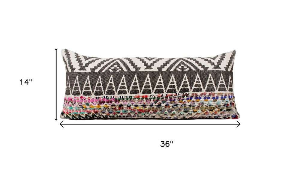 14" X 36" Gray Brown And White Lumbar Chevron Cotton Blend Throw Pillow Cover