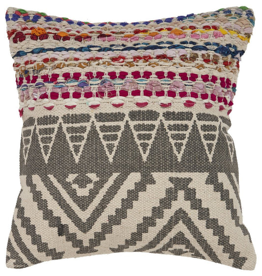 18" Charcoal Off White And Red Chevron Cotton Blend Throw Pillow Cover