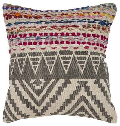 18" Charcoal Off White And Red Chevron Cotton Blend Throw Pillow Cover