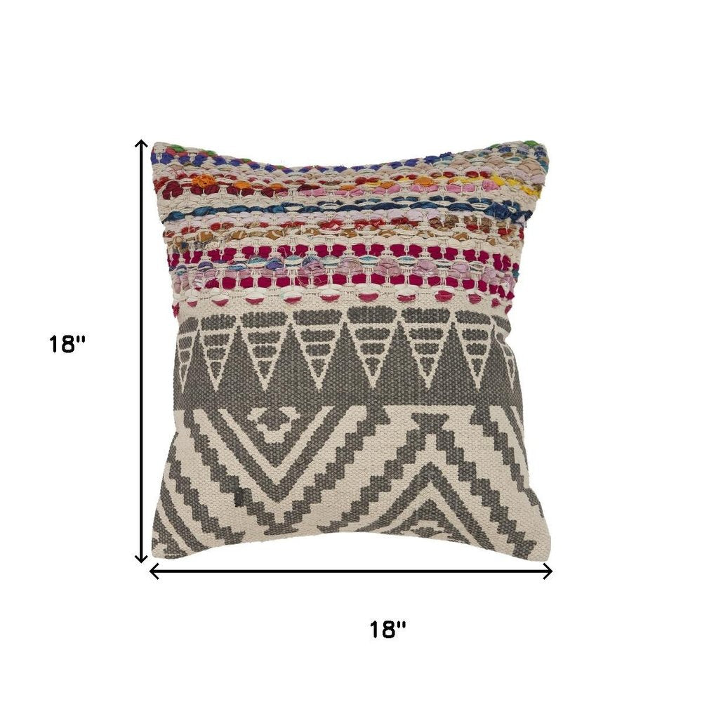 18" Charcoal Off White And Red Chevron Cotton Blend Throw Pillow Cover