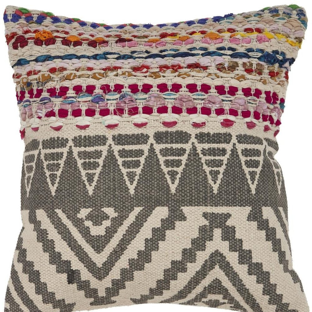 18" Charcoal Off White And Red Chevron Cotton Blend Throw Pillow Cover