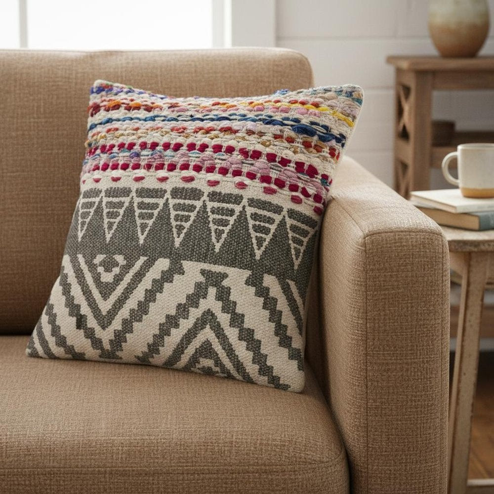 18" Charcoal Off White And Red Chevron Cotton Blend Throw Pillow Cover