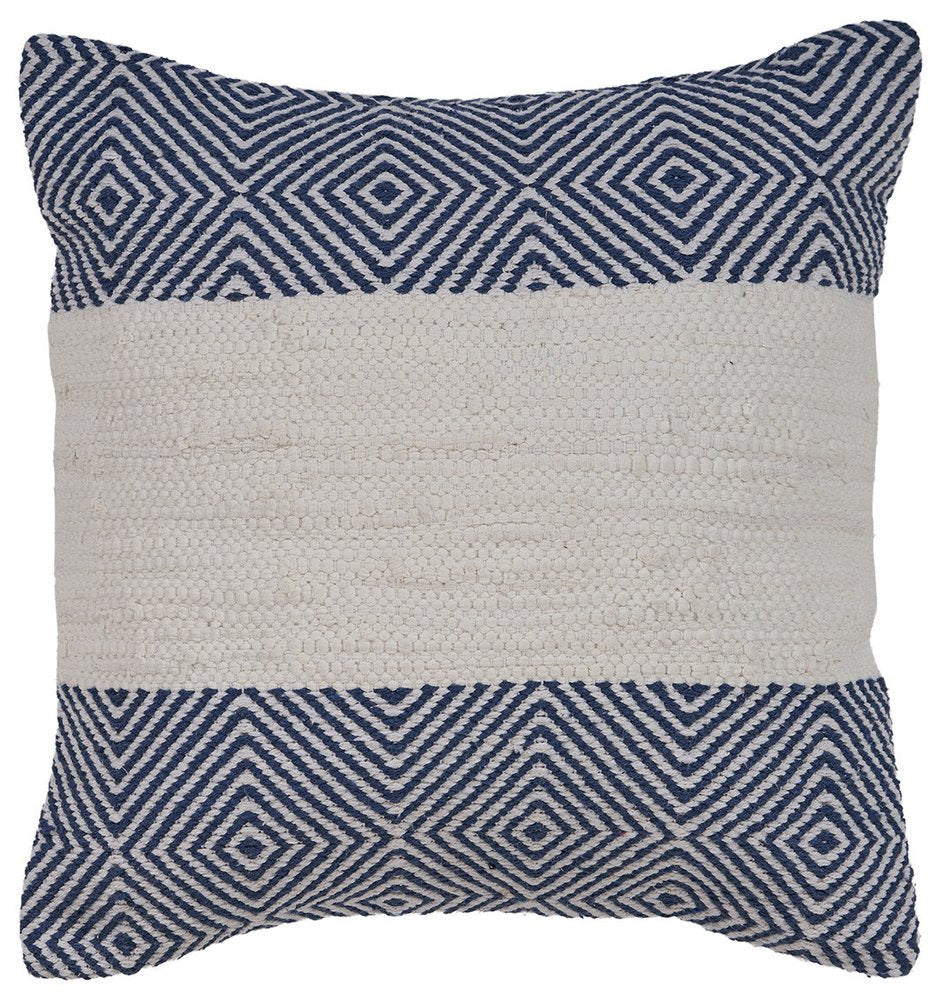 18" White And Blue Diamond Cotton Blend Throw Pillow Cover