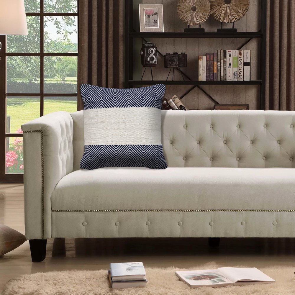 18" White And Blue Diamond Cotton Blend Throw Pillow Cover