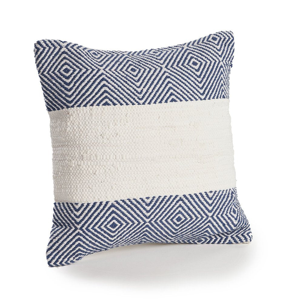 18" White And Blue Diamond Cotton Blend Throw Pillow Cover