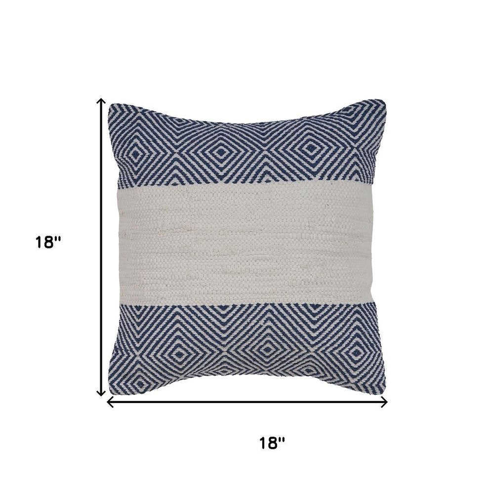 18" White And Blue Diamond Cotton Blend Throw Pillow Cover