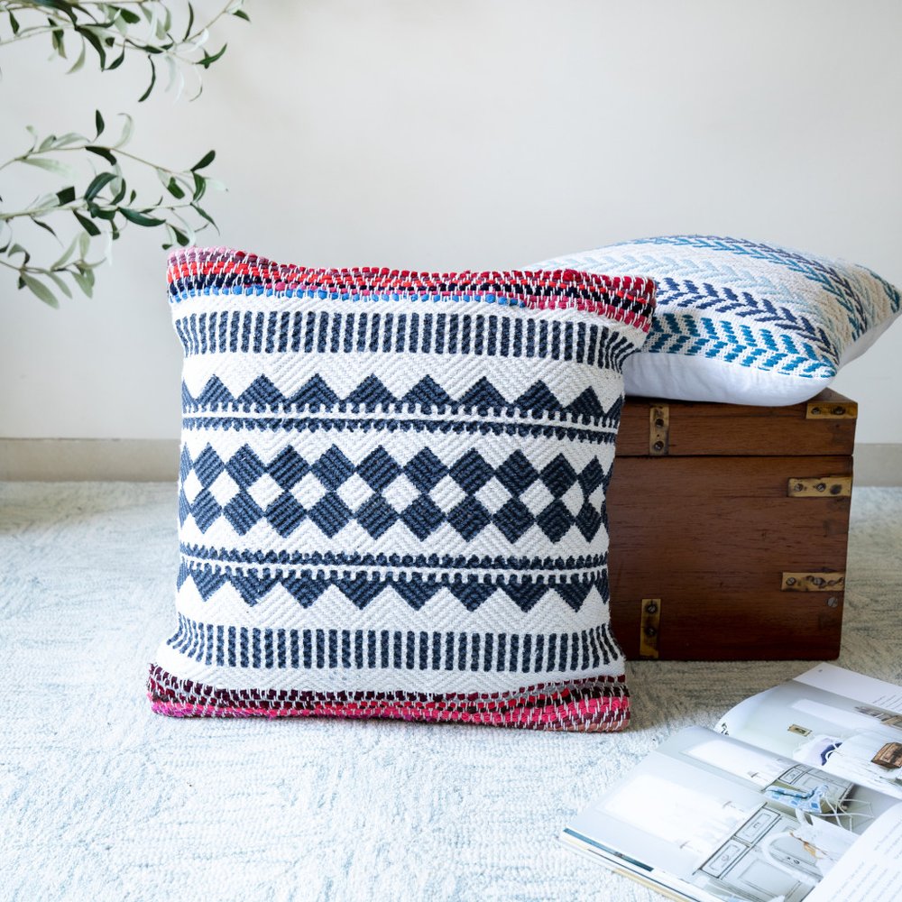 18" Blue White And Pink Geometric Cotton Blend Throw Pillow Cover