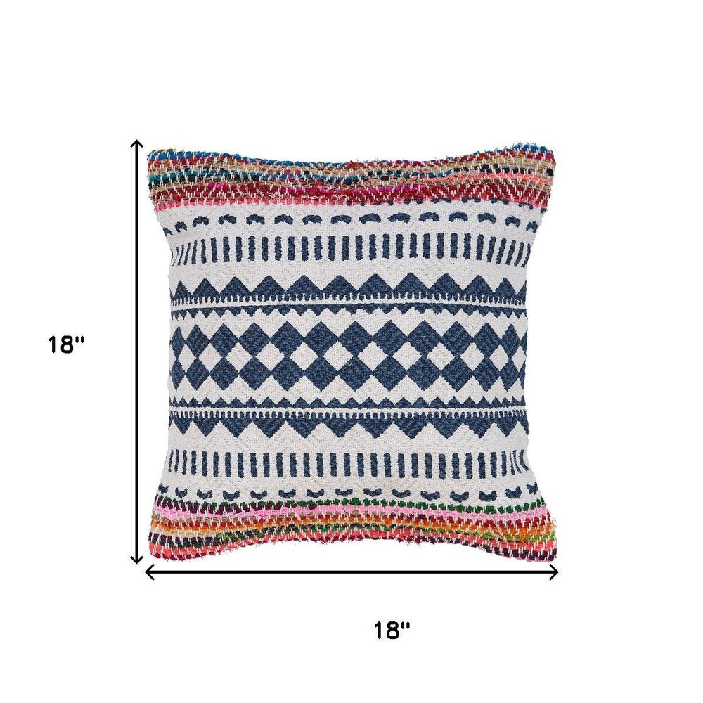 18" Blue White And Pink Geometric Cotton Blend Throw Pillow Cover