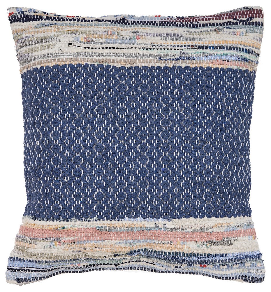 18" Blue White And Pink Diamond Cotton Blend Throw Pillow Cover
