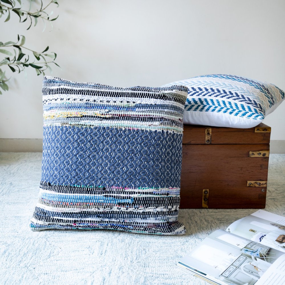 18" Blue Pink And White Geometric Cotton Blend Throw Pillow Cover