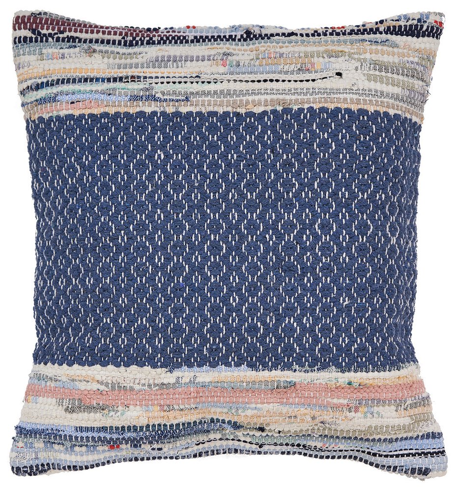 18" Blue White And Pink Diamond Cotton Blend Throw Pillow Cover