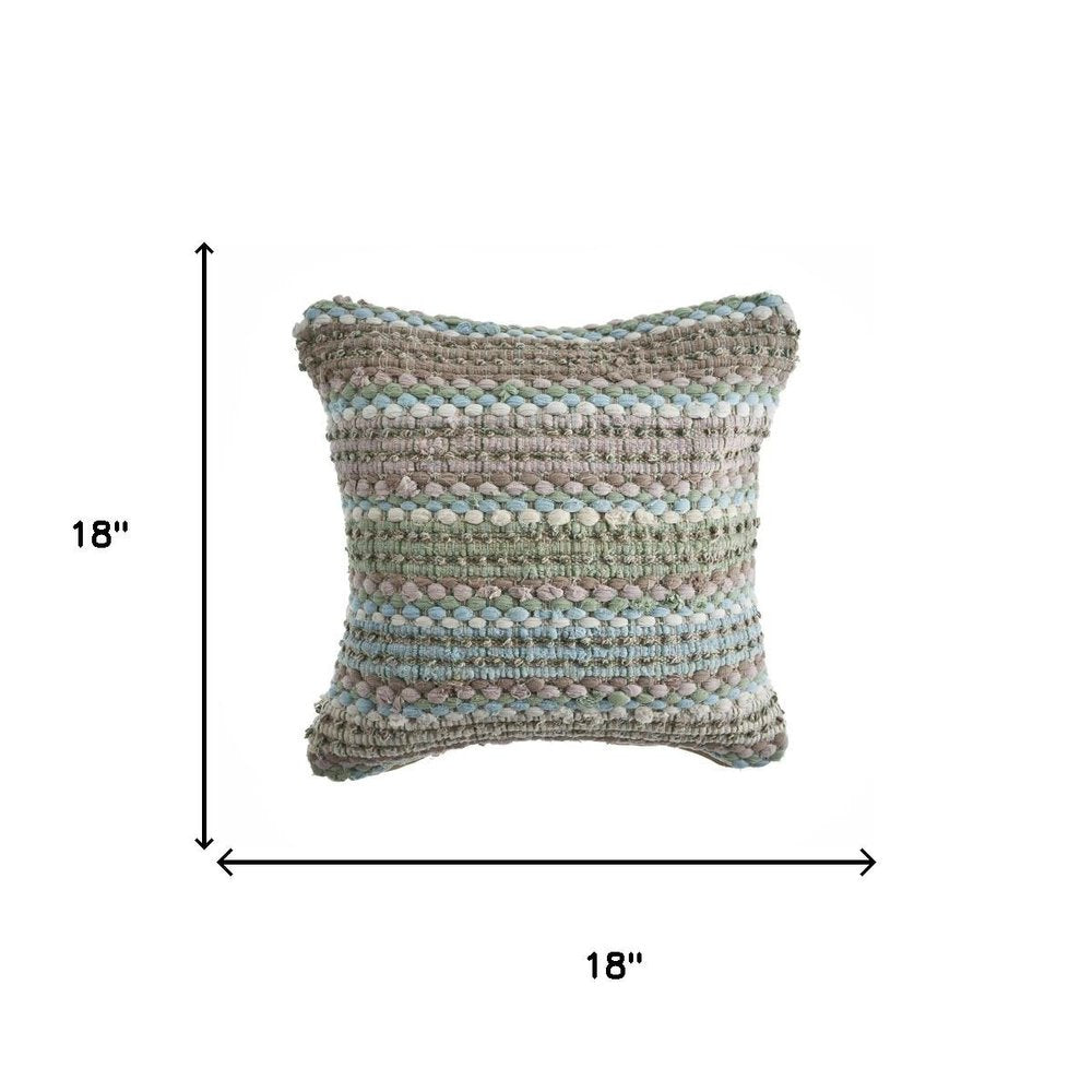 18" Green And Blue Beach Striped Cotton Blend Throw Pillow Cover