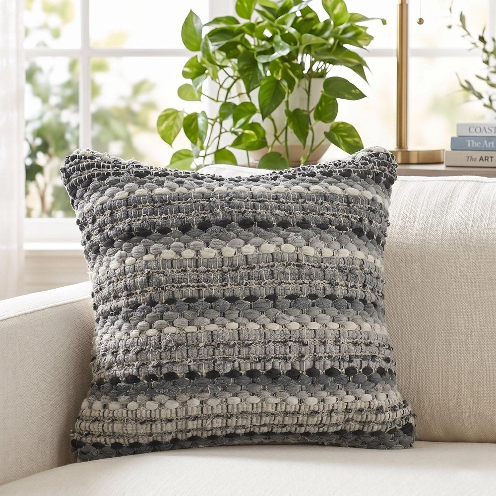 18" Black And Gray Beach Striped Cotton Blend Throw Pillow Cover