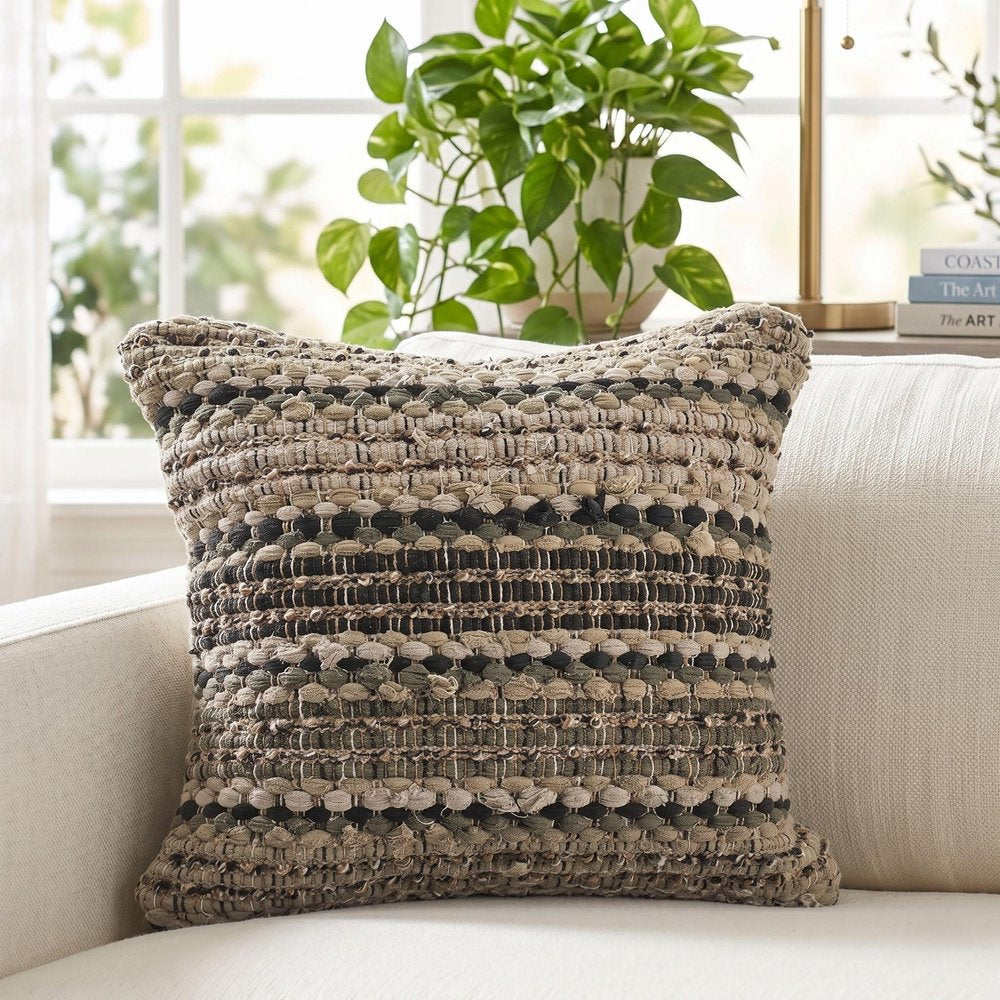 18" Beige And Brown Beach Striped Cotton Blend Throw Pillow Cover