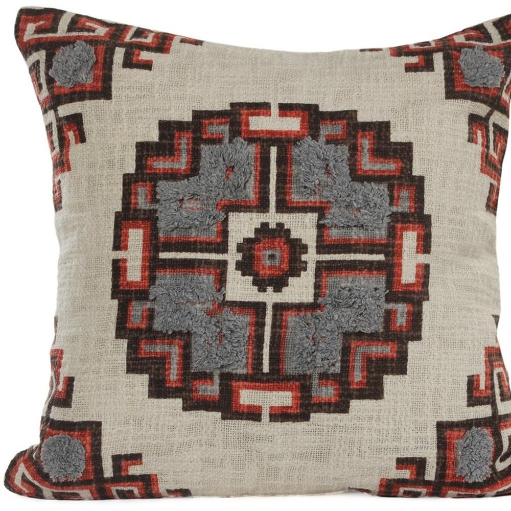 18" Red And Gray Geometric Cotton Throw Pillow Cover