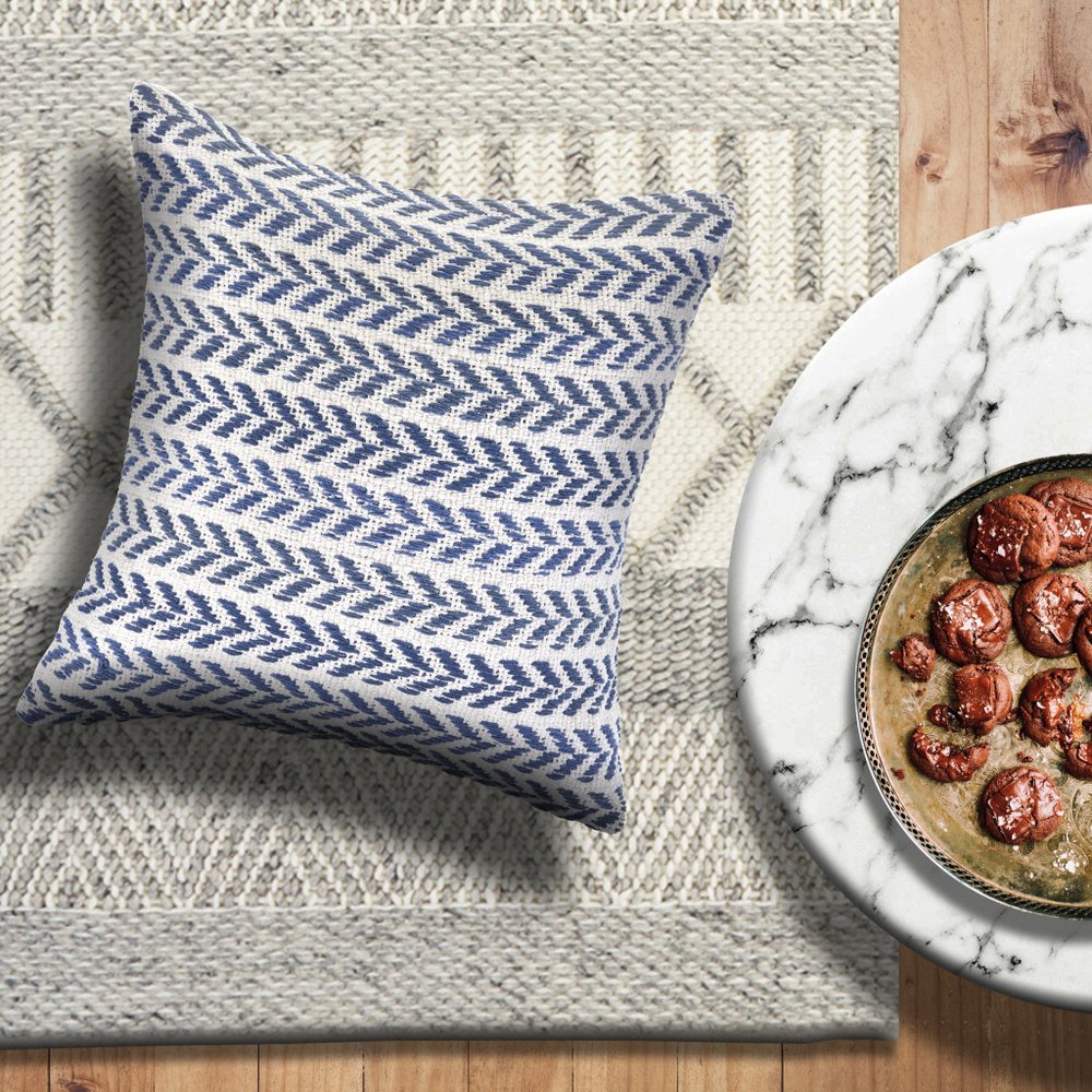 18" Blue And White Beach Chevron Cotton Throw Pillow Cover