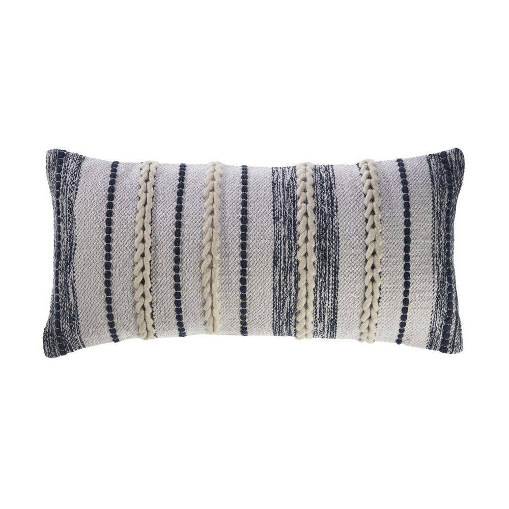 14" X 28" Blue And White Lumbar Striped Cotton Blend Throw Pillow Cover with Texture