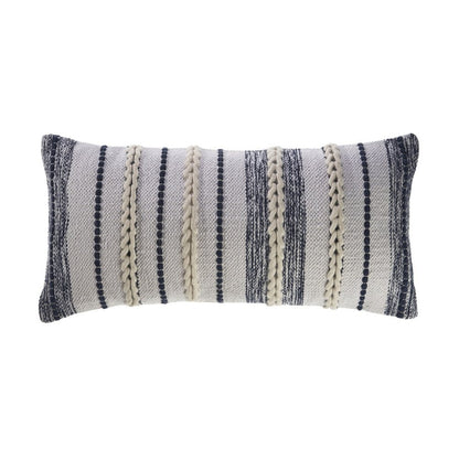 14" X 28" Blue And White Lumbar Striped Cotton Blend Throw Pillow Cover with Texture