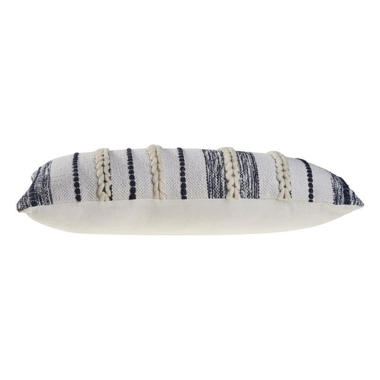 14" X 28" Blue And White Lumbar Striped Cotton Blend Throw Pillow Cover with Texture