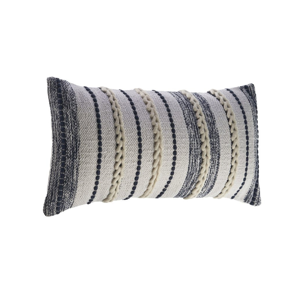 14" X 28" Blue And White Lumbar Striped Cotton Blend Throw Pillow Cover with Texture