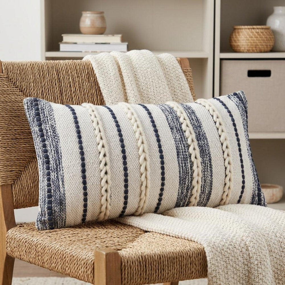 14" X 28" Blue And White Lumbar Striped Cotton Blend Throw Pillow Cover with Texture