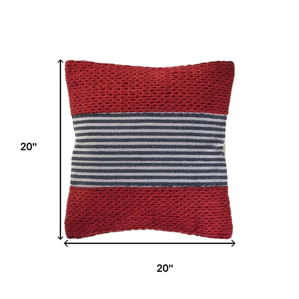 20" Red And Blue Striped Cotton Blend Throw Pillow Cover