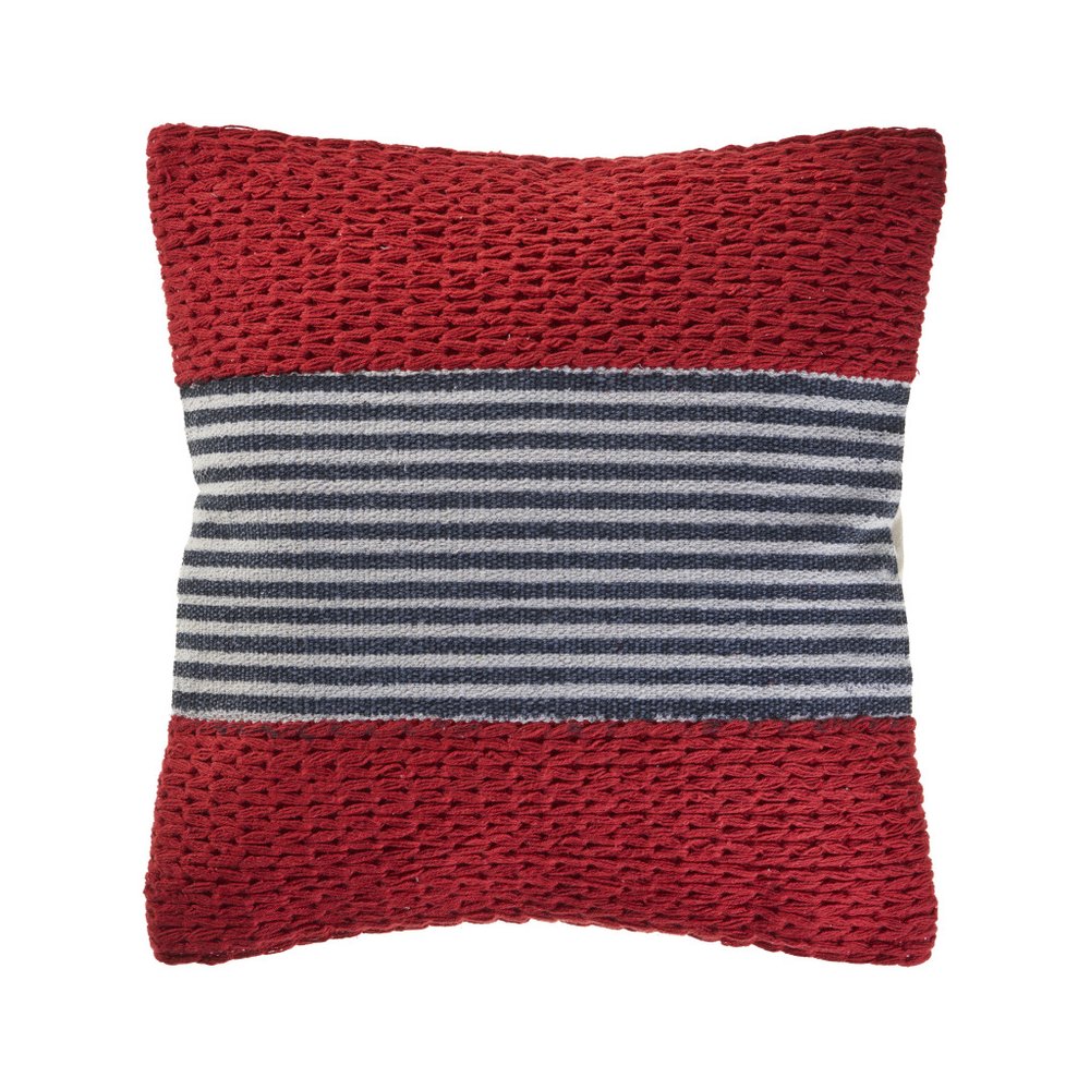 20" Red And Blue Striped Cotton Blend Throw Pillow Cover