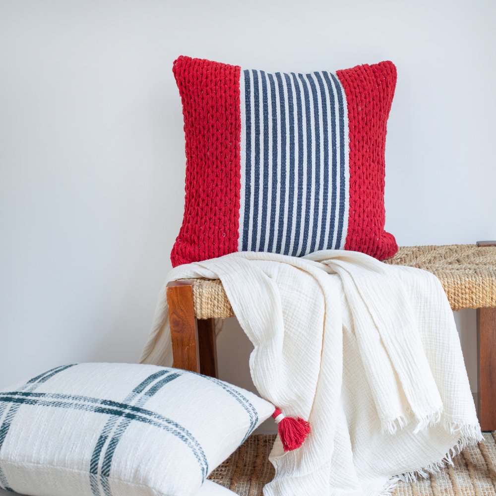 20" Red And Blue Striped Cotton Blend Throw Pillow Cover