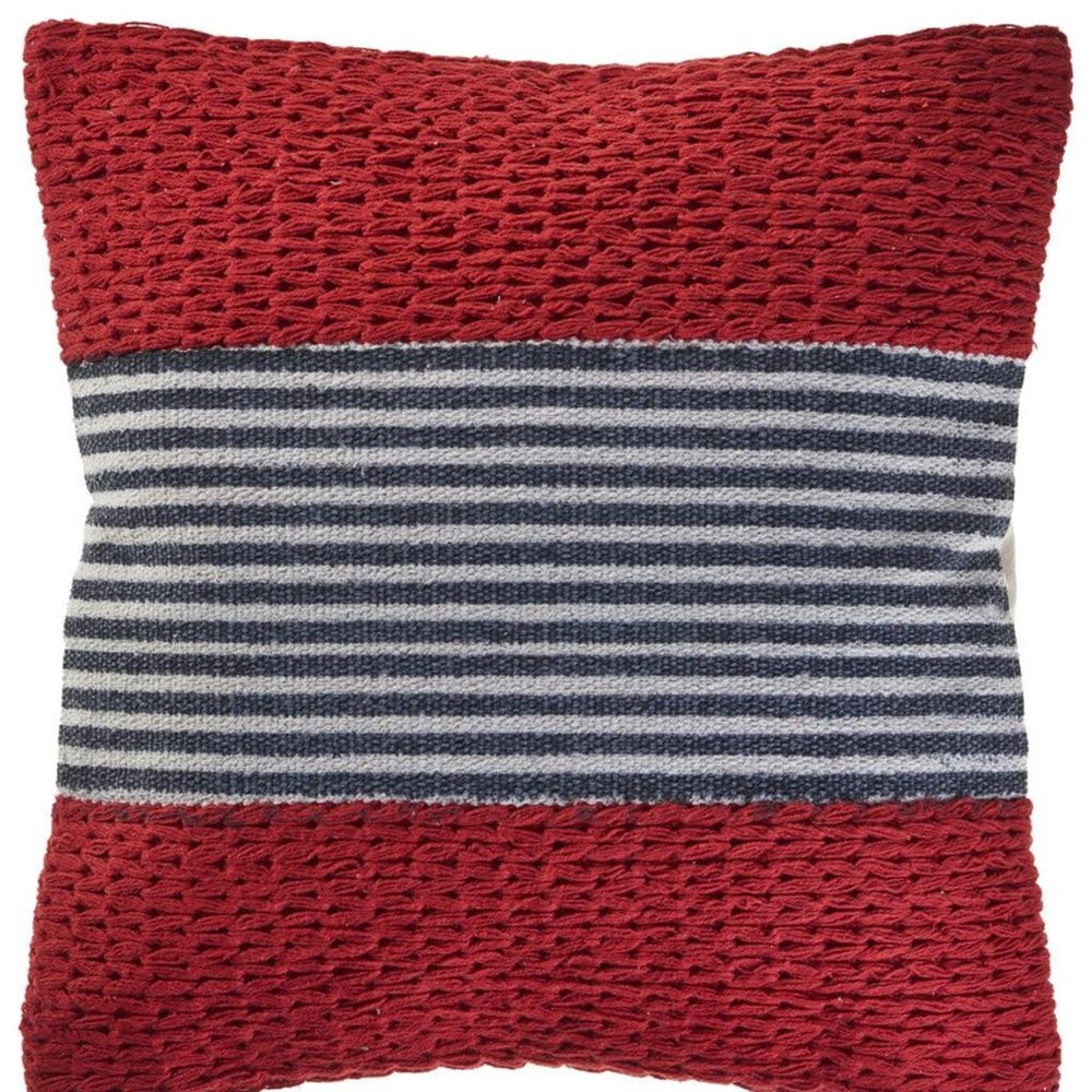 20" Red And Blue Striped Cotton Blend Throw Pillow Cover