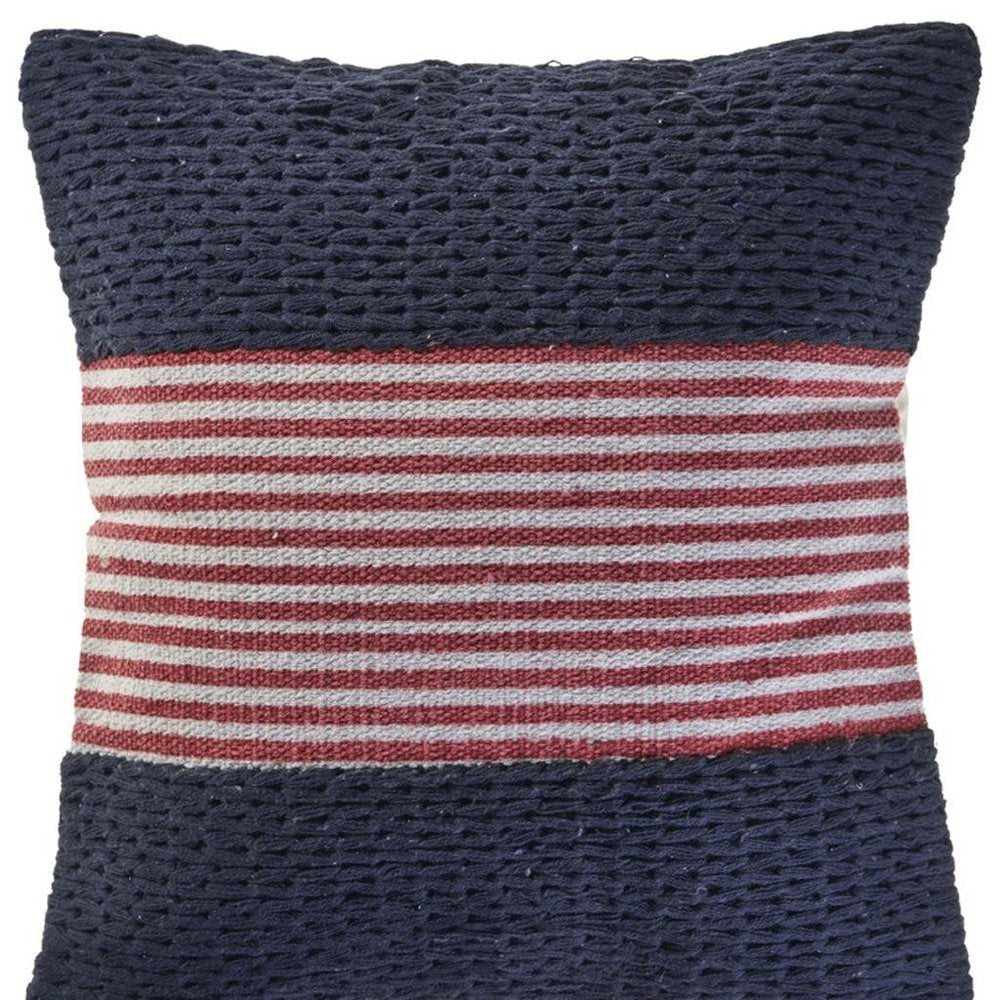 20" Blue And Red Beach Striped Cotton Blend Throw Pillow Cover