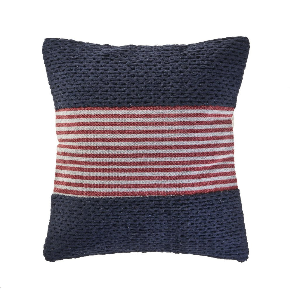 20" Blue And Red Beach Striped Cotton Blend Throw Pillow Cover