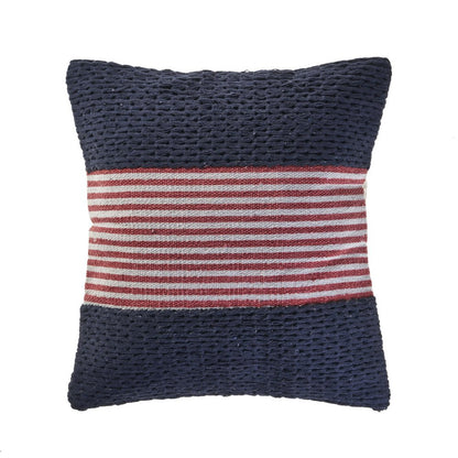 20" Blue And Red Beach Striped Cotton Blend Throw Pillow Cover