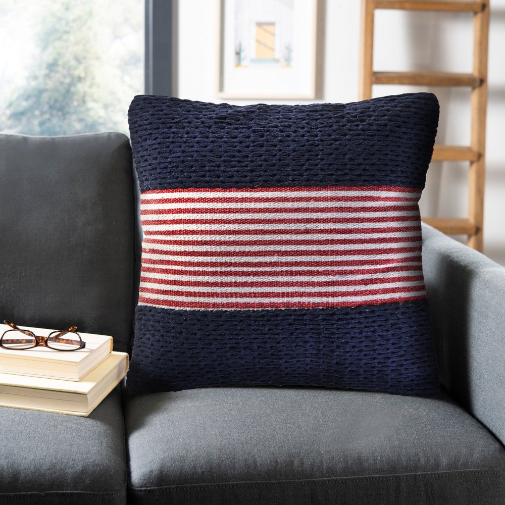 20" Blue And Red Beach Striped Cotton Blend Throw Pillow Cover