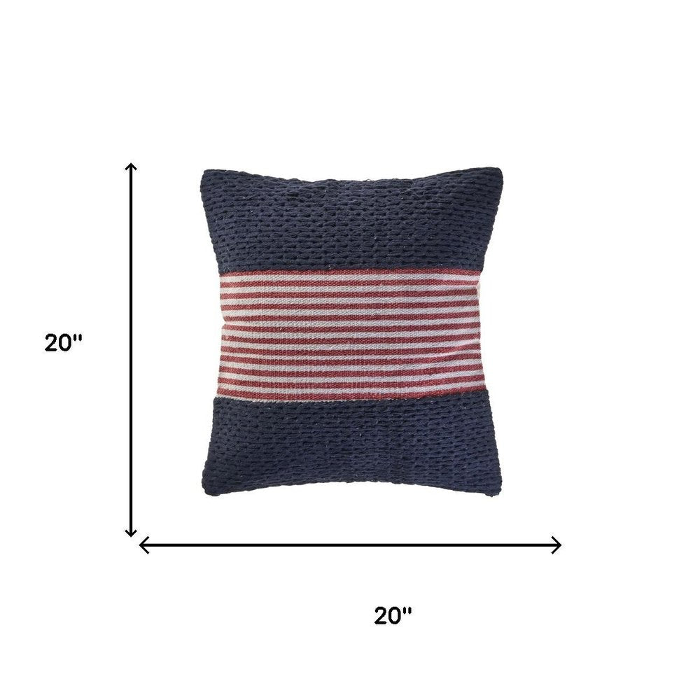 20" Blue And Red Beach Striped Cotton Blend Throw Pillow Cover