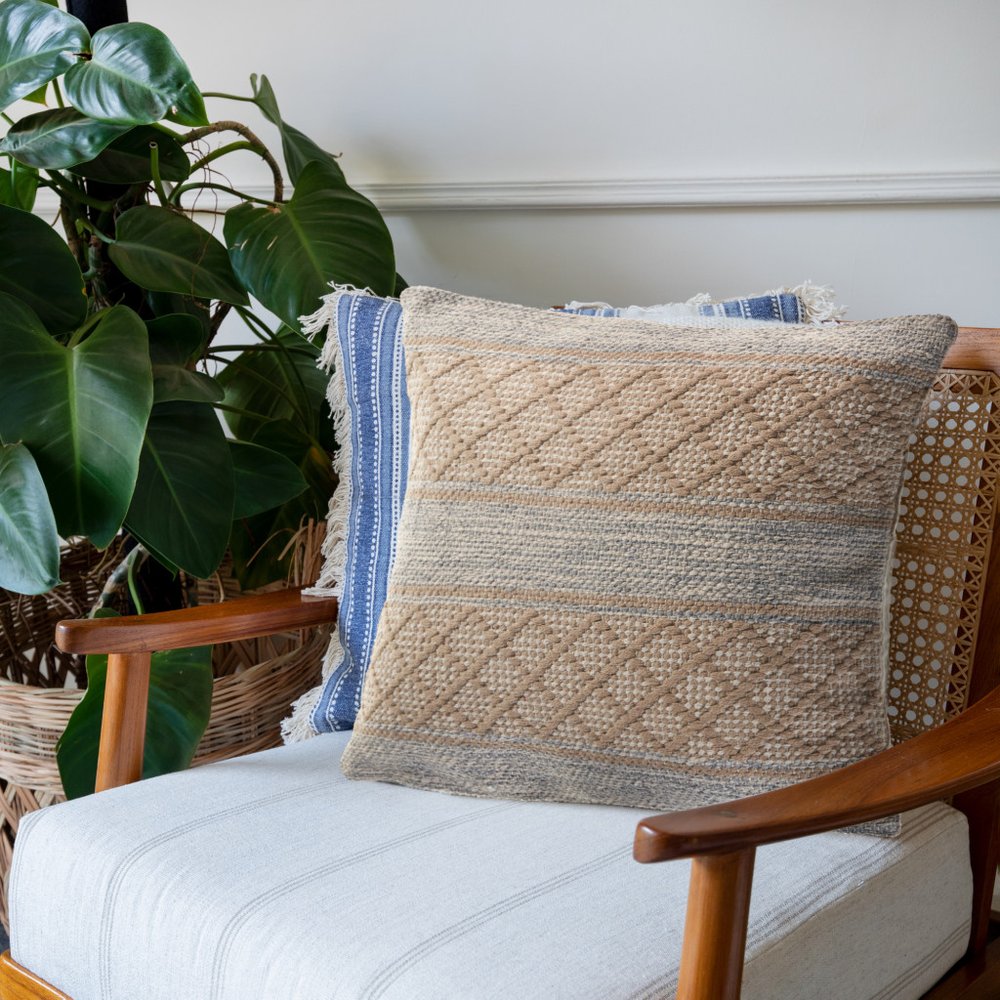 20" Beige And Gray Diamond Cotton Blend Throw Pillow Cover