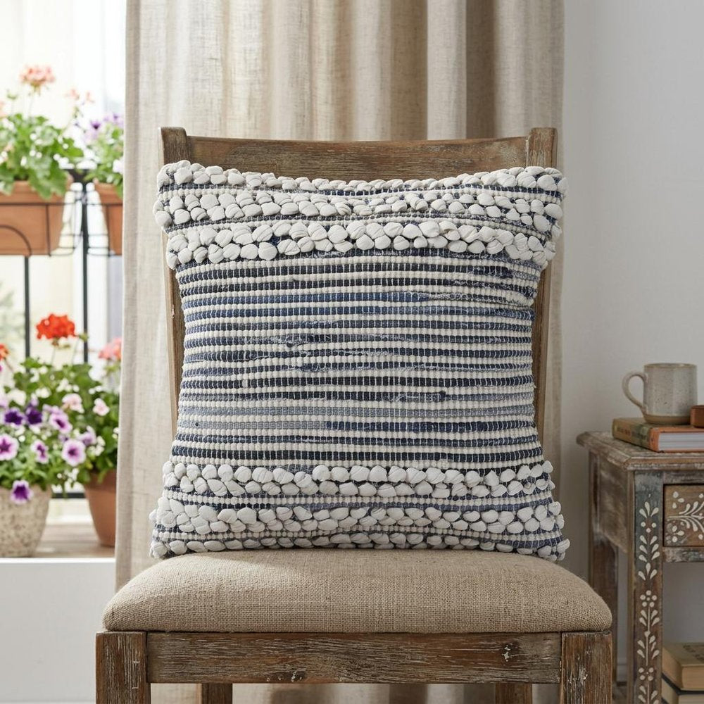 18" Blue And Gray Striped Cotton Blend Throw Pillow Cover with Texture